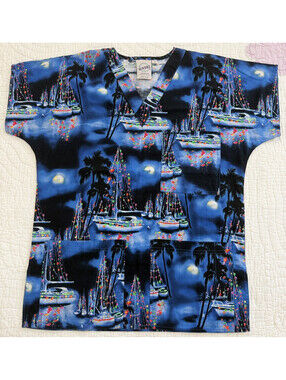 SCRUBS Brand Unisex Small Christmas Scrub Top Sailboat Palm Tree Holiday Lights